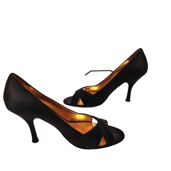 Enzo Angiolini Satin Peep Toe Pumps Crisscross Strap Leather Sole Womens 6.5M - Picture 4 of 7